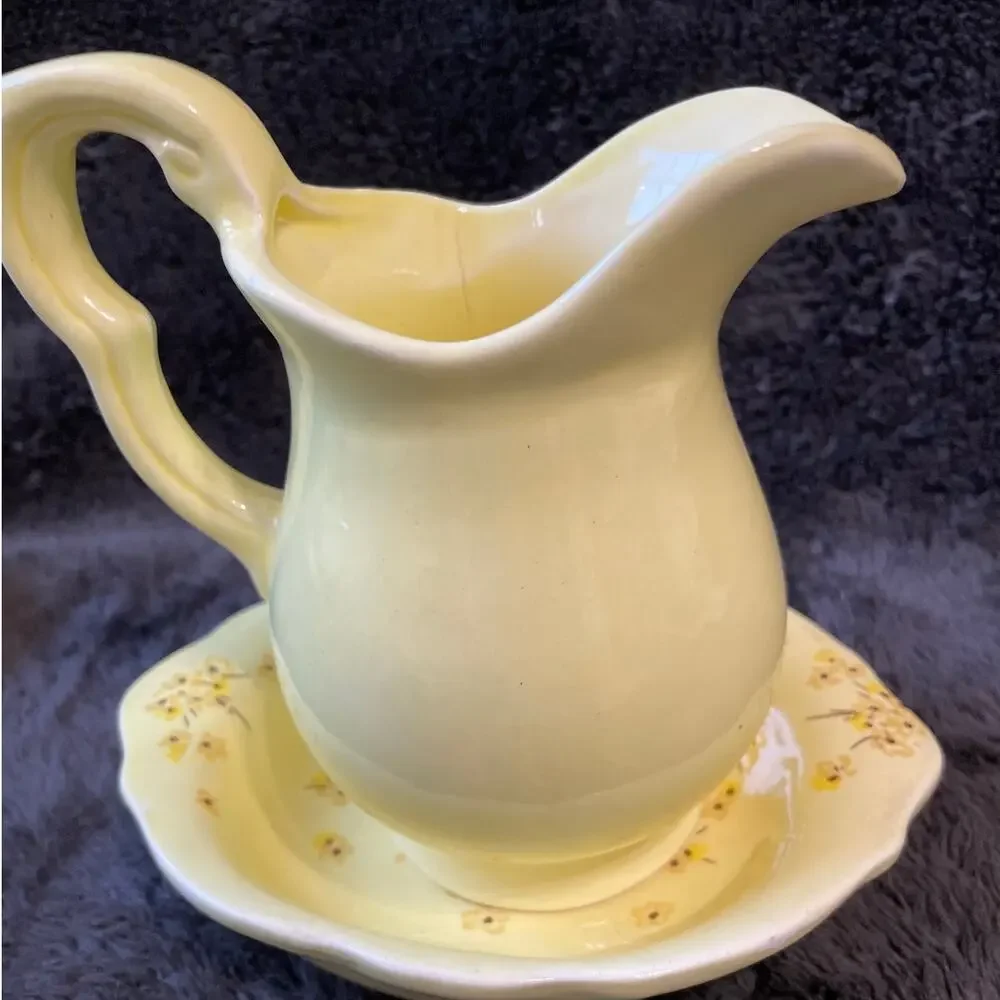 Vintage Enesco Pitcher & Basin Bowl Yellow With Flowers